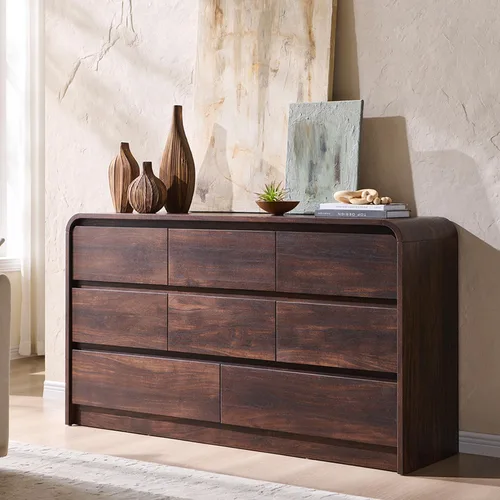 Miniatura 14 de Aitjunz Cómoda moderna de 5 cajones para dormitorio, 114 cm de altura con diseño de perfil curvo, cómoda vertical de madera estilo mediados de siglo