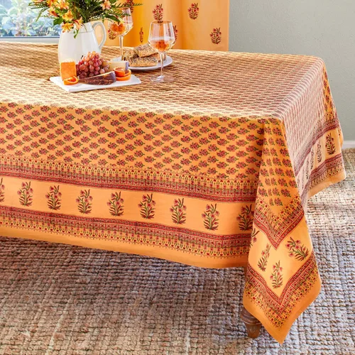 Miniatura 16 de Saffron Marigold Mantel redondo estampado a mano – Naranja indio verano lujoso 100% algodón, lavable, para decoración del hogar, cocina, café o mesa