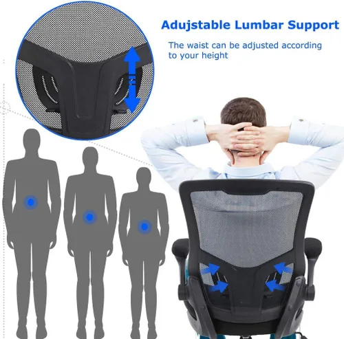 Miniatura 6 de Silla de oficina ergonómica silla de escritorio de malla para computadora con soporte lumbar brazos abatibles giratorios ajustables a media espalda