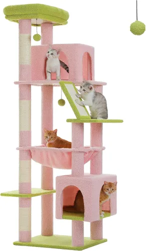 Miniatura 16 de Árbol para gatos de interior, 2 acogedores condominios con espaciosa percha superior, torre para gatos de varios niveles de 56.3 pulgadas con postes