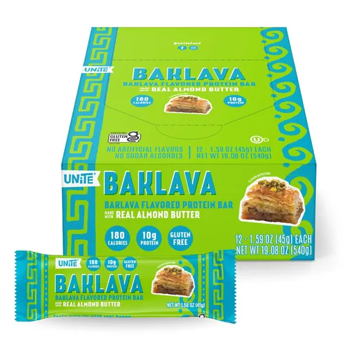 UNiTE Baklava - Barras de proteína, paquete de 12, 1.59 onzas, 0.35 onzas de proteína, barra alta en fibra, mantequilla de almendras, ingredientes