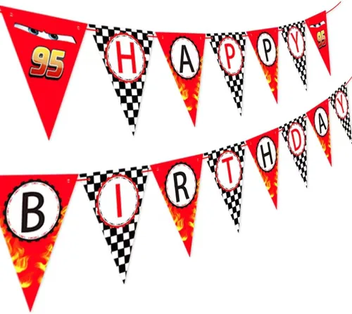 Cartel de feliz cumpleaños de coche de carreras, cartel de fiesta temática de carreras, decoraciones de bandera a cuadros