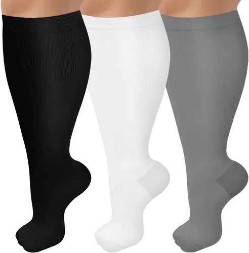 Miniatura 7 de Paquete de 3 calcetines de compresión de talla grande para mujeres y hombres, medias extra anchas de pantorrilla hasta la rodilla para soporte