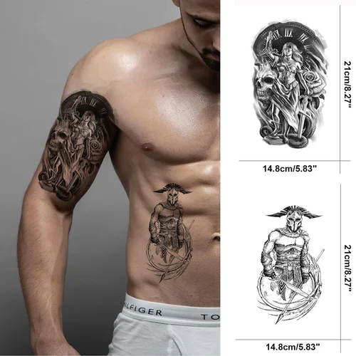 Miniatura 5 de Tatuaje temporal romano de guerrero genial para hombres, gran negro realista 3D griego Dios gladiador tatuaje falso adulto adolescente niño