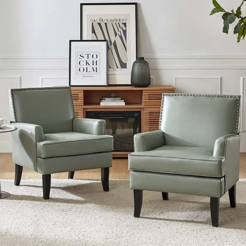 Miniatura 12 de HULALA HOME Silla decorativa moderna de piel sintética, cómoda silla tapizada con ribete de cabeza de clavo, sillón para sala de estar y dormitorio