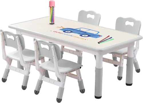 Miniatura 11 de Juego de mesa y silla para niños pequeños, centro de actividades ajustable con patas antideslizantes y superficie a prueba de graffiti de 3 a 12 años
