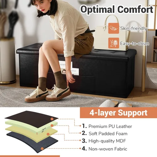 Miniatura 5 de Banco otomano plegable de almacenamiento de 43 pulgadas, taburete plegable para pie de cama con bolsillo lateral, baúl de almacenamiento para sala