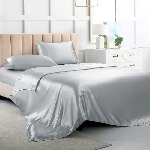 Miniatura 9 de Juego de sábanas de satén tamaño completo, sábanas de seda gris, juego de ropa de cama suave de 4 piezas con 1 sábana bajera con bolsillo profundo