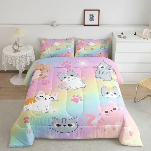 Miniatura 30 de Erosebridal Juego de ropa de cama para niños, tamaño individual, diseño de gatos de dibujos animados, para niñas, niños y adolescentes, edredón