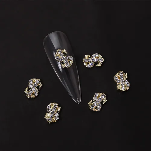 Miniatura 3 de WOKOTO 30 dijes dorados de aleación y diamantes de imitación para uñas, letreros de dinero 3D de lujo para arte de uñas, dijes de dinero 3D