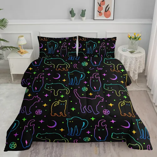 Miniatura 29 de Axolotl - Juego de ropa de cama para niños con diseño de gatos de dibujos animados tamaño individual, juego de edredón con líneas degradadas y lindo