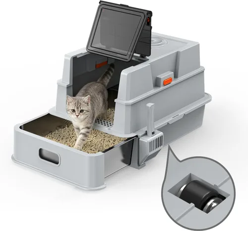 XXXL Stainless Steel Litter Box with Lid,28" L x 20.5" W x 16.5" H Extra Large Cat Litter Box Enclosure for Large and Multi-Cats