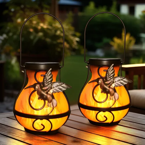 Paquete de 2 linternas solares para colgar en el exterior, luces solares de jardín al aire libre impermeables con llama parpadeante, linterna LED