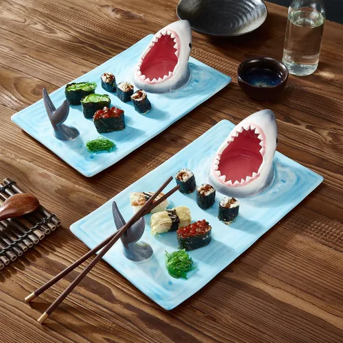 Miniatura 5 de Platos de tiburón, plato de sushi de tiburón 3 en 1 mejorado, plato de sushi de tiburón, plato de tiburón con compartimento para salsa