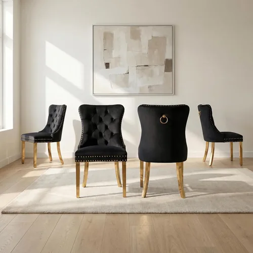 Miniatura 94 de OVENTA Juego de 4 sillas de comedor modernas tapizadas copetudas, terciopelo negro y gris y cuero con patas de madera maciza, sillas de cocina
