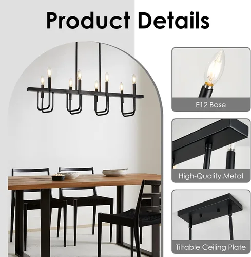 Miniatura 9 de Lámparas rectangulares para comedor sobre la mesa, candelabros modernos de estilo granja para comedor, candelabro lineal negro de 8 luces, luces