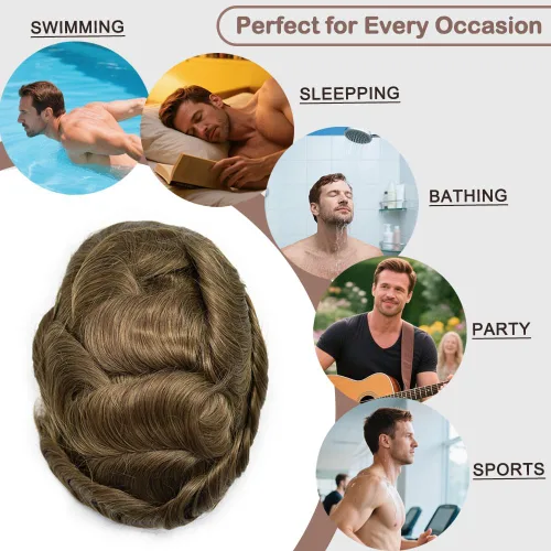 Miniatura 5 de LYRICAL HAIR Toupee - Peluca de cabello humano de aspecto natural para hombre, con encaje fino y mono, sistema de cabello de repuesto para hombre