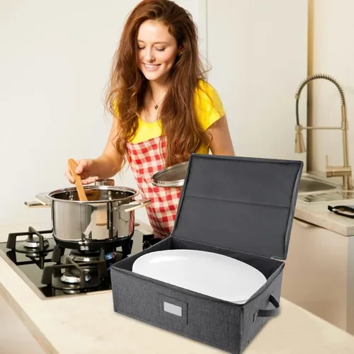 Miniatura 6 de Contenedores de almacenamiento de porcelana de carcasa dura Paquete de 2, Caja de almacenamiento para platos 17" x 13" x 6", Incluye 5 separadores