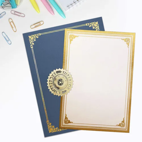 Miniatura 2 de SUNEE Kit de certificado de 75 piezas, 25 soportes para certificados azul marino y 25 papeles de certificado de tamaño carta y 25 sellos de premio