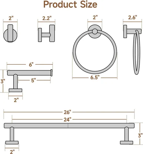 Miniatura 2 de USHOWER Juego de accesorios de baño de oro cepillado, juego de toallero de 24 pulgadas montado en la pared, juego de accesorios de baño de acero Oro