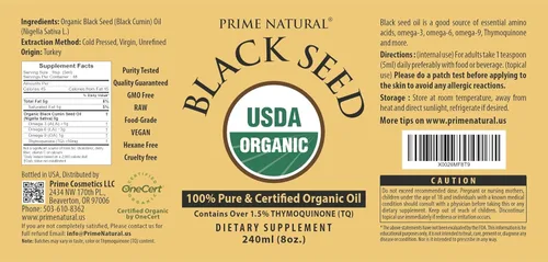 Miniatura 6 de PRIME NATURAL Aceite orgánico de semillas negras de 8 onzas Prensado en frío sin refinar alta timoquinona 1.7% certificado por USDA Origen turco