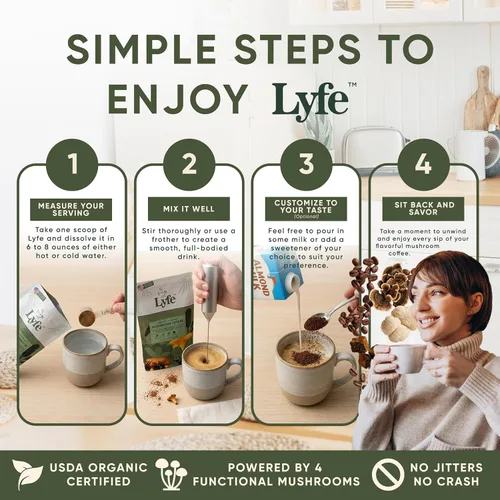 Miniatura 6 de LYFE Café orgánico instantáneo de hongos, 40 porciones: mezcla de café adaptogénico instantáneo con melena de león, chaga, cordyceps, trompeta King