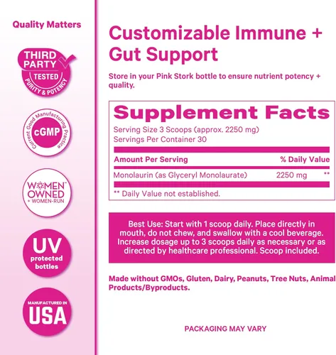 Miniatura 6 de Pink Stork Suplemento total de monolaurina para la salud intestinal, náuseas matutinas, apoyo inmunológico y salud vaginal para mujeres, bienestar
