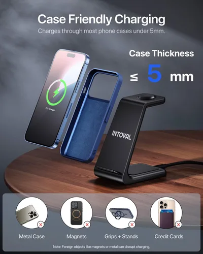 Miniatura 7 de Intoval Estación de carga inalámbrica 3 en 1 para iPhone y Apple Watch, soporte de cargador inalámbrico rápido, base de carga de escritorio compacta