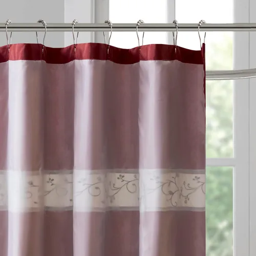 Miniatura 3 de Madison Park Cortina de ducha de tela Serene Flora, cortinas de ducha bordadas de transición para baño, 72 x 72 pulgadas, roja Rojo