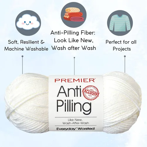 Miniatura 2 de Premier Yarns Everyday Anti-Pelusa Hilo Sólido Blanco Nieve DN100-1 (3 madejas - mismo lote de tinte) #4 Peso estambre acrílico para ganchillo