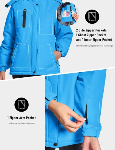 Miniatura 4 de MAGCOMSEN Abrigos de invierno para mujer, impermeables, aislados, para nieve, esquí, capucha, forro polar, cálido, montaña, snowboard, cortavientos