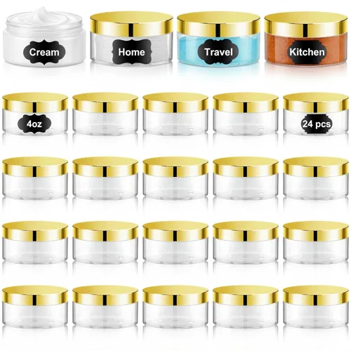 Miniatura 49 de Dandat 24 piezas 8 oz tarro de plástico con tapa y etiqueta recargable, contenedor redondo transparente vacío con muestras cosméticas PET blancas