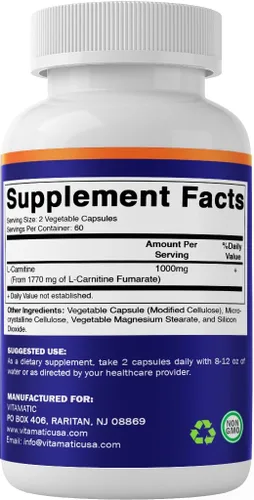 Miniatura 8 de Vitamatic L-Carnitina Fumarato 1000 mg - 120 Cápsulas Vegetales (1 Botella)