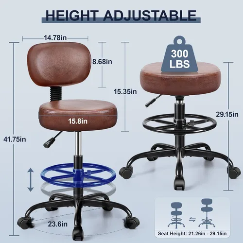 Miniatura 3 de Brick Attic Silla de dibujo con respaldo, taburete ajustable con ruedas, taburete giratorio de piel sintética para oficina, spa, estudio, mostrador