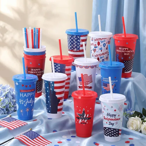 Miniatura 2 de Honeydak 30 Pcs 24 oz Patriotic Party Cups Gifts Bulk 4th of July Cups 250th Independence Day American Flag Tumbler with Straw and Lid Red White