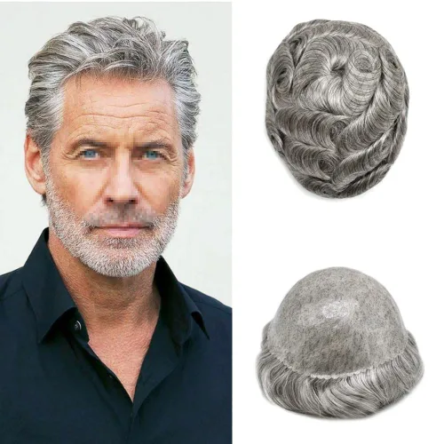 Miniatura 42 de Toupee - Pieza de cabello humano real para hombre, piel completa de polietileno, sistema de reemplazo de cabello para hombres, piezas invisibles