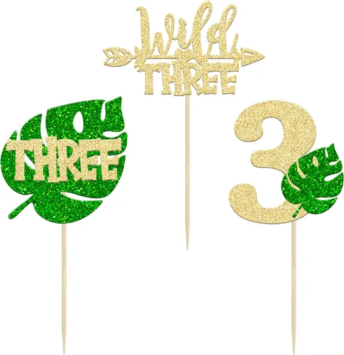 Miniatura 3 de Paquete de 24 adornos para cupcakes de hojas de Monstera con purpurina de safari en la selva, tres púas para cupcakes número 3, decoración de Green-3