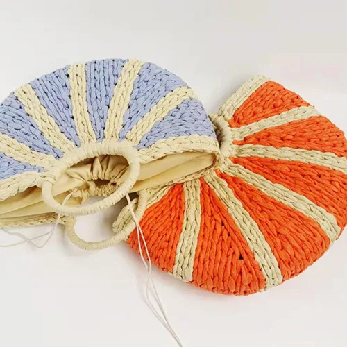 Miniatura 6 de Bolsos de paja de ratán semicírculo, tejido a mano para mujer, bolso de asas retro de paja de verano, bolso cruzado colorido, bolso bohemio