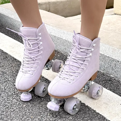Miniatura 2 de Patines de ruedas para mujer o hombre con topes de goma ajustables en altura, patines retro de gamuza cuádruples para exteriores e interiores Púrpura