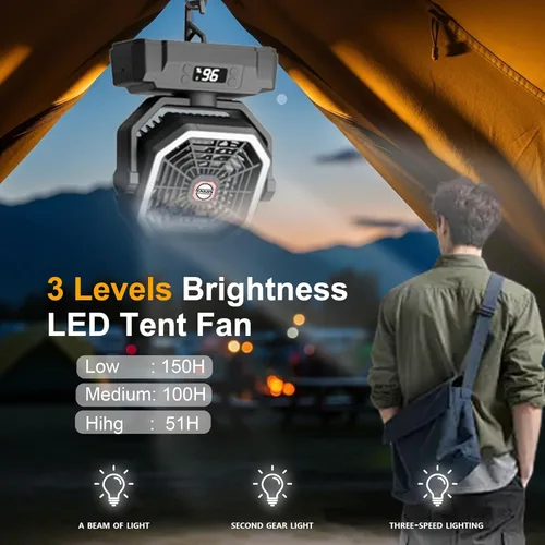 Miniatura 6 de Sireck Ventilador de campamento de 40000 mAh, ventilador personal portátil de 10 pulgadas con control remoto, linterna LED, 5 velocidades, Negro-10