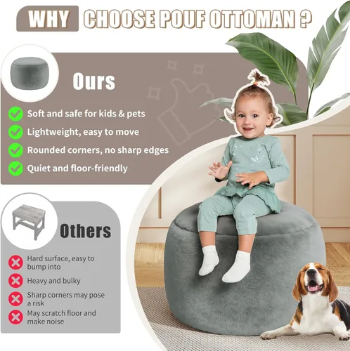 Miniatura 6 de Puf otomano redondo de relleno, pufs de piel sintética con relleno de espuma viscoelástica, otomanas para sala de estar, guardería, dormitorio, Gris