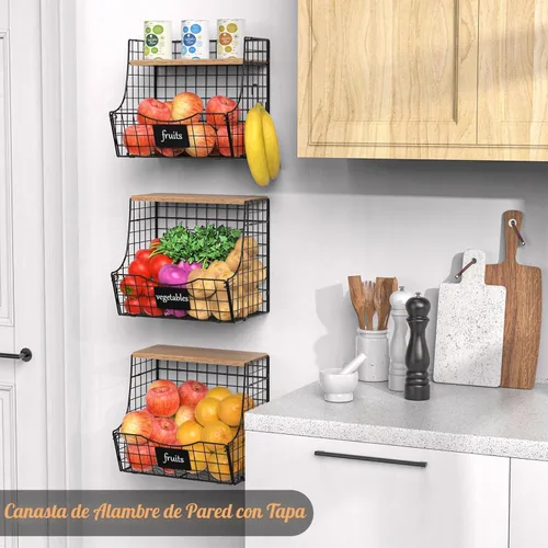 Miniatura 6 de Paquete de 3 cestas de frutas para cocina con tapa de madera - Almacenamiento de cebollas y papas montado en mostrador y pared con placa