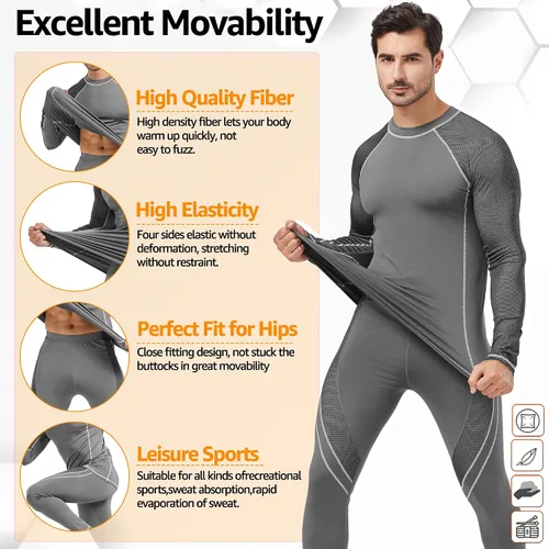 Miniatura 5 de UNIQUEBELLA Conjunto de ropa interior térmica para hombre, parte superior larga, forro polar, secado rápido, capa base térmica