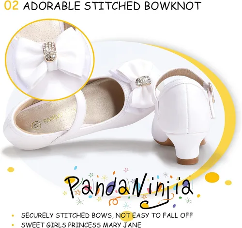Miniatura 4 de PANDANINJIA Vestido de jada para niñas y niños pequeños, zapatos de princesa Mary Jane con tacones con lazo para fiesta, boda, boda
