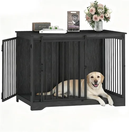 Miniatura 17 de Hzuaneri Mueble de jaula para perros de 31.9 pulgadas con puerta de granero, perrera resistente para interiores con 2 puertas, mesa auxiliar