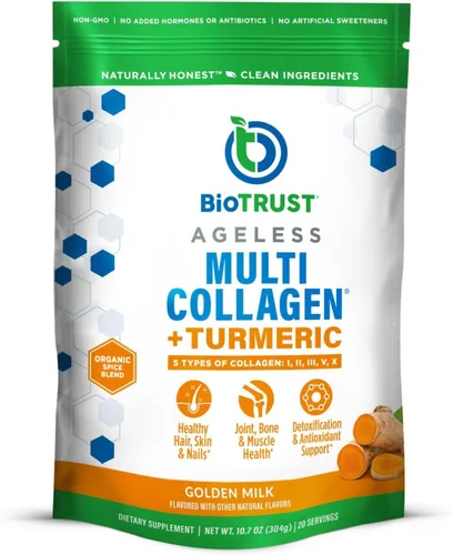 BioTrust Polvo de colágeno con cúrcuma – 5 tipos (I, II, III, V, X) – Polvo de colágeno con cúrcuma para mujeres y hombres – Proteína hidrolizada –