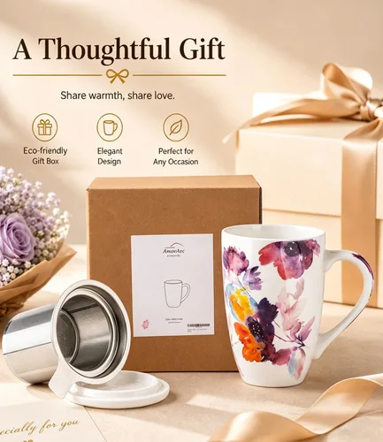 Miniatura 8 de AmorArc Taza de té de porcelana de 18 onzas con infusor y tapa, taza de té de hojas sueltas con colador de acero inoxidable, taza de café grande