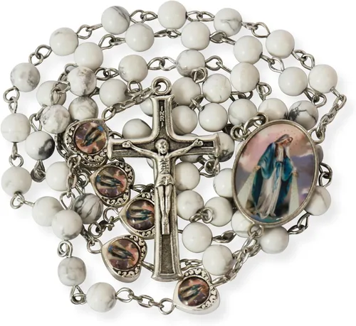Nazareth Store Cuentas de piedra natural con corazón de epoxi milagroso, cuentas de metal, collar de rosario, regalos cristianos de piedras preciosas