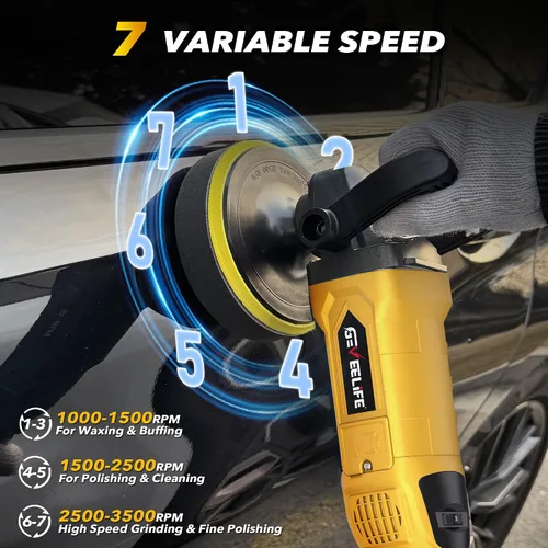 Miniatura 3 de GEVEELIFE Pulidora pulidora rotativa de 6 pulgadas/7 pulgadas, 1600 W, 7 velocidades variables, 1000-3500 RPM, mango desmontable para automóvil