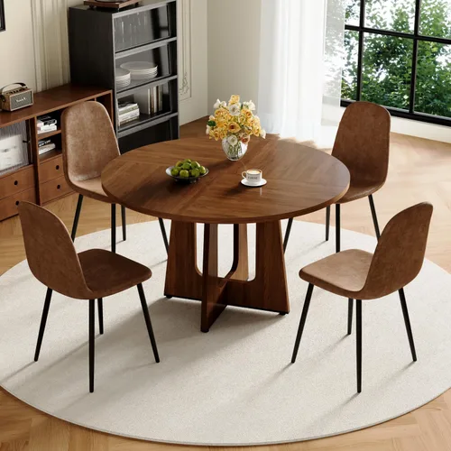 Miniatura 10 de Juego de mesa de comedor redonda de 47 pulgadas para 4, mesa de grano de madera de nogal y 4 sillas tapizadas de piel sintética negra, juego de mesa